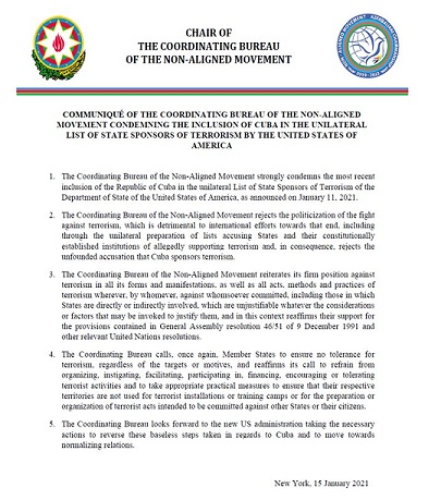 NAM’s strong condemnation of the inclusion of Cuba on the US spurious list.