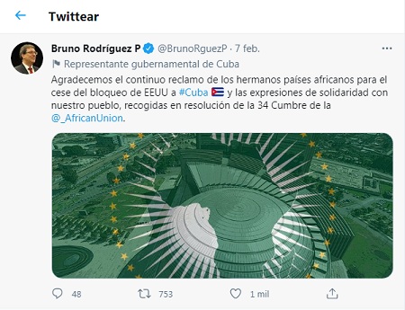 Foreign Minister of Cuba thanks the African Union for its support against the US&nbsp;blockade